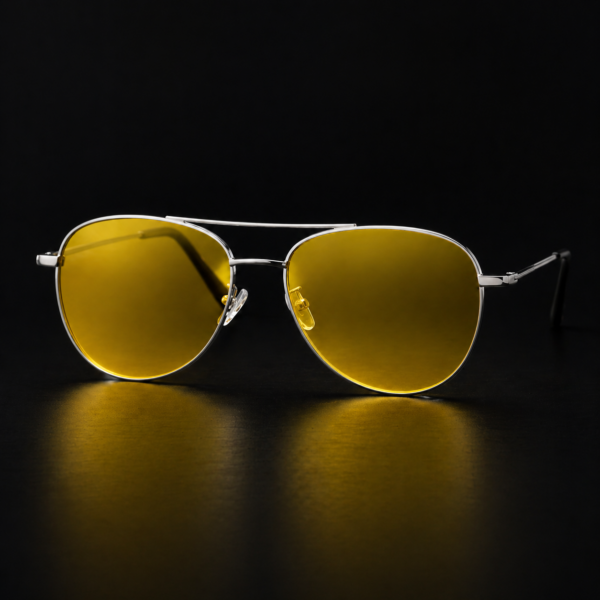 ZOE silver aviator night driving glasses with yellow lenses on a dark surface
