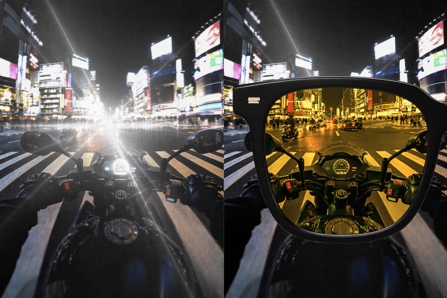 Night glare scene with yellow lenses