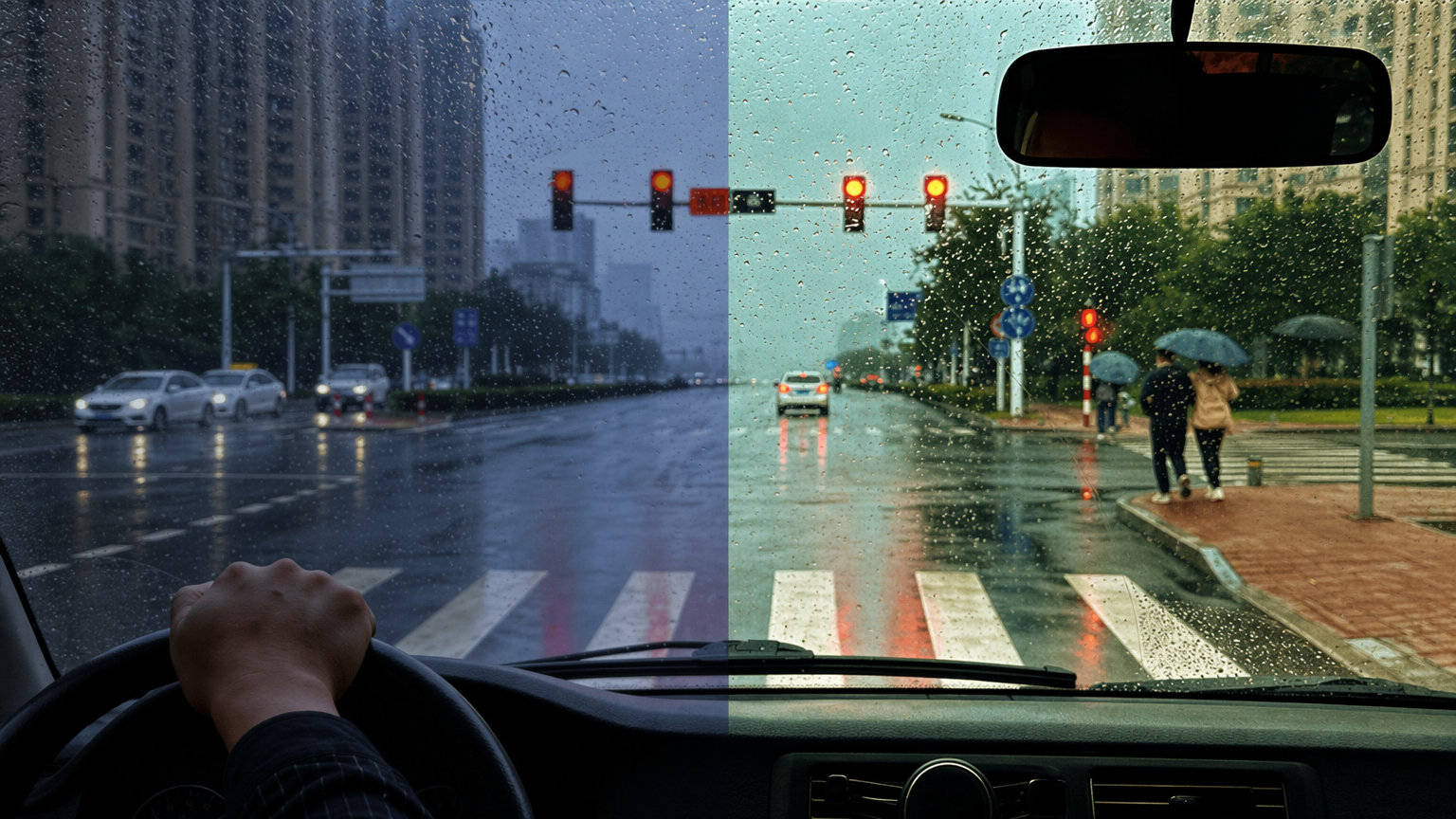Rainy day low-visibility driving scene