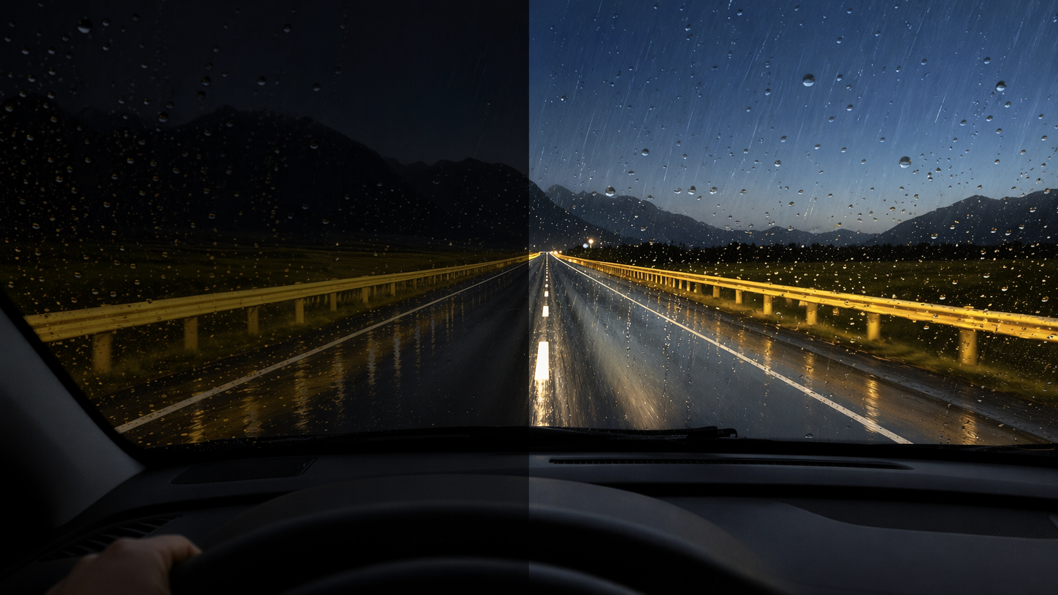 Rainy night driving scene with glare
